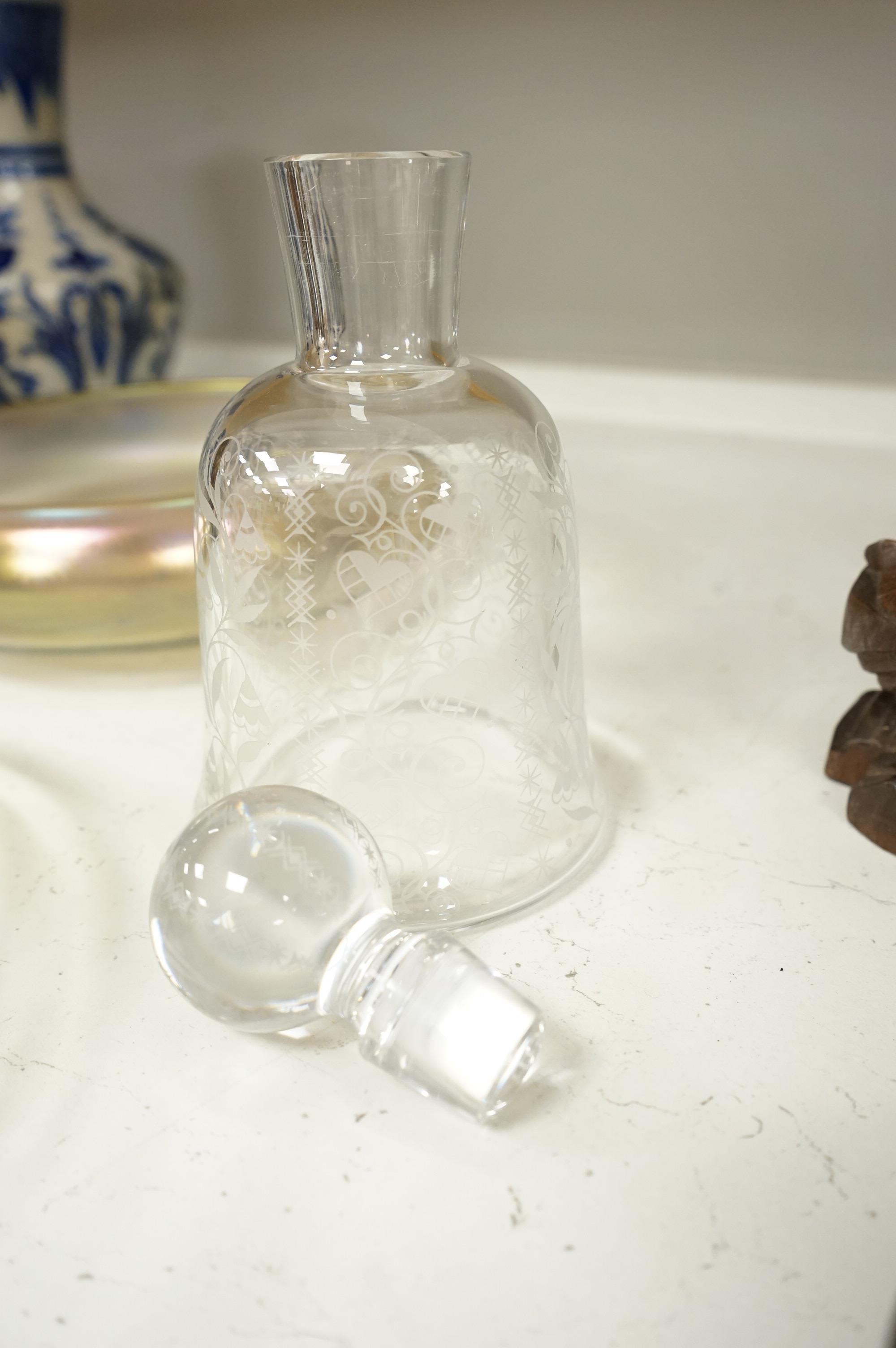 A Baccarat Argentina botanical decanter and a stopper, a Lalique-style opalescent dish and a glass lustre bowl, largest 30cm in diameter